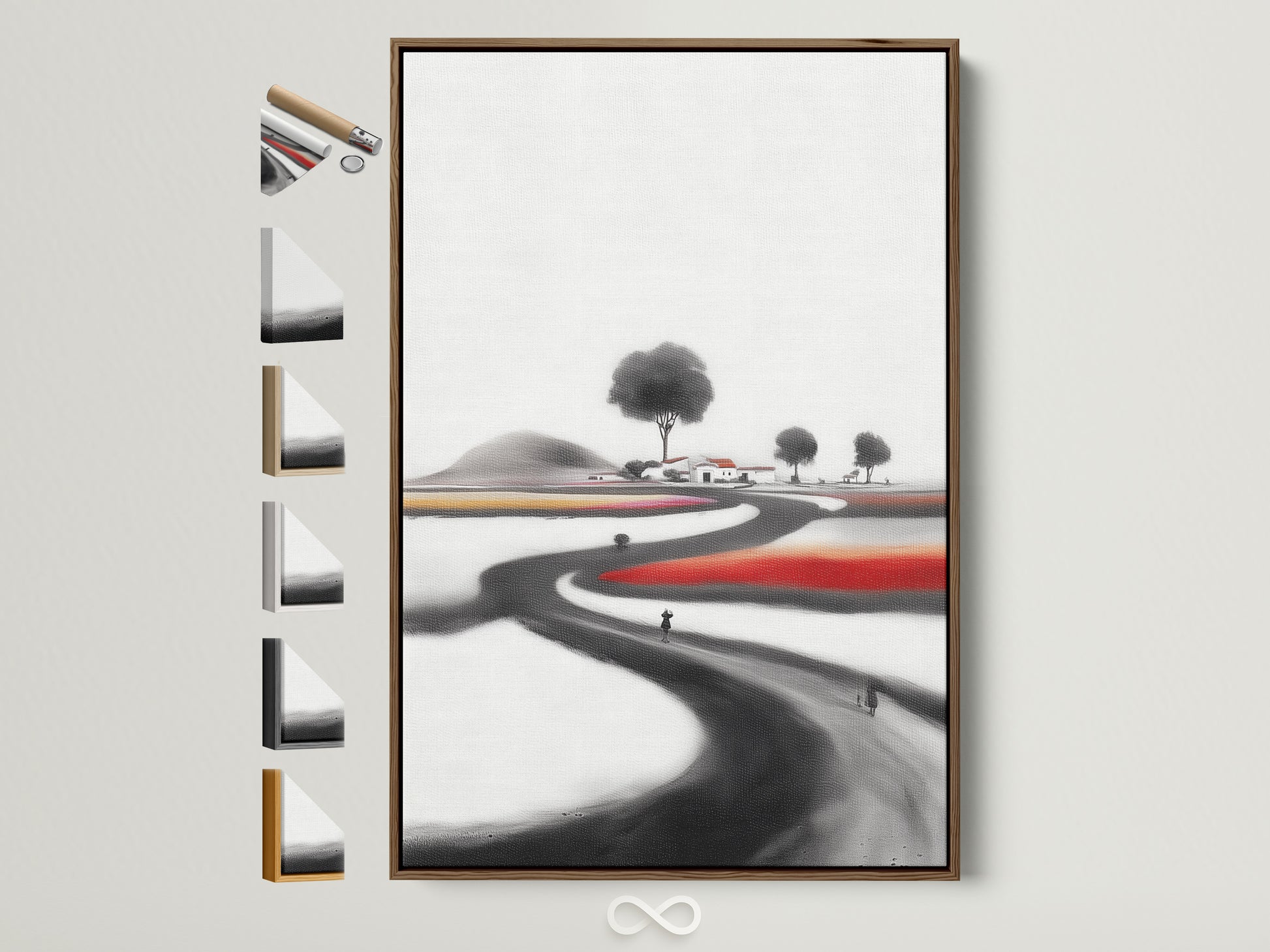 Ink Wash Landscape artwork with a brown frame. See all frame options available. This minimalist Asian-inspired wall art adds a serene touch to any space. Perfect countryside artwork for an entryway. A calming piece for minimalist Scandinavian or eclectic styles.