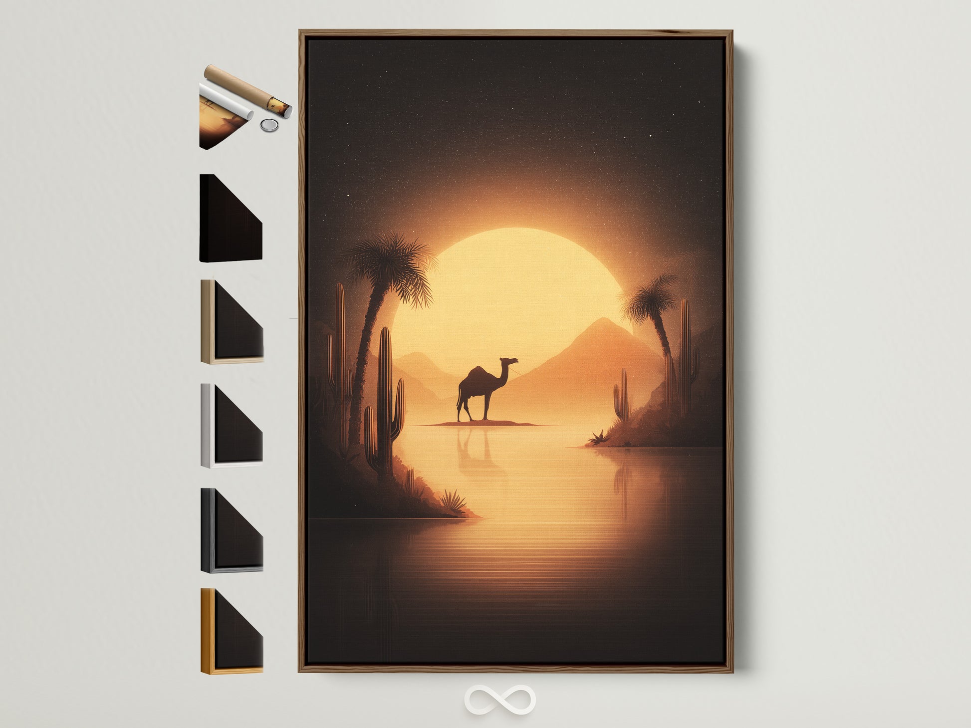 Brown frame with desert camel artwork. All frame options are displayed. This warm golden landscape art complements bedroom decor. The sunset oasis wall art will elevate your home.