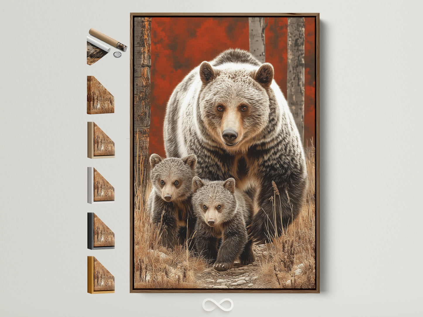 Grizzly Bear Mother and Cubs artwork in a brown frame. This wildlife canvas art brings nature indoors. Perfect rustic wall decor for living rooms nurseries and cabins. The frame options are displayed on the side.