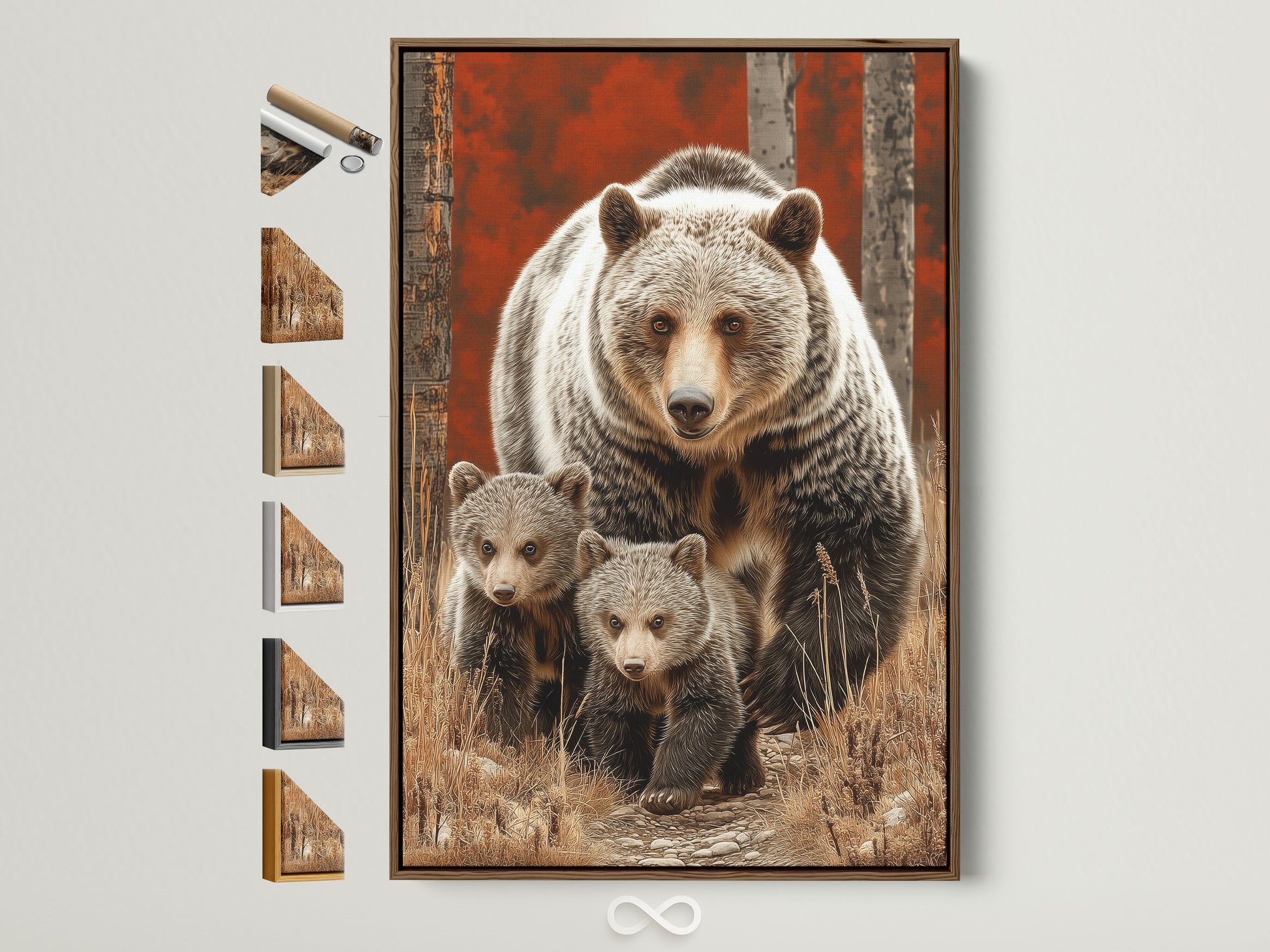 Grizzly Bear Mother and Cubs artwork in a brown frame. This wildlife canvas art brings nature indoors. Perfect rustic wall decor for living rooms nurseries and cabins. The frame options are displayed on the side.