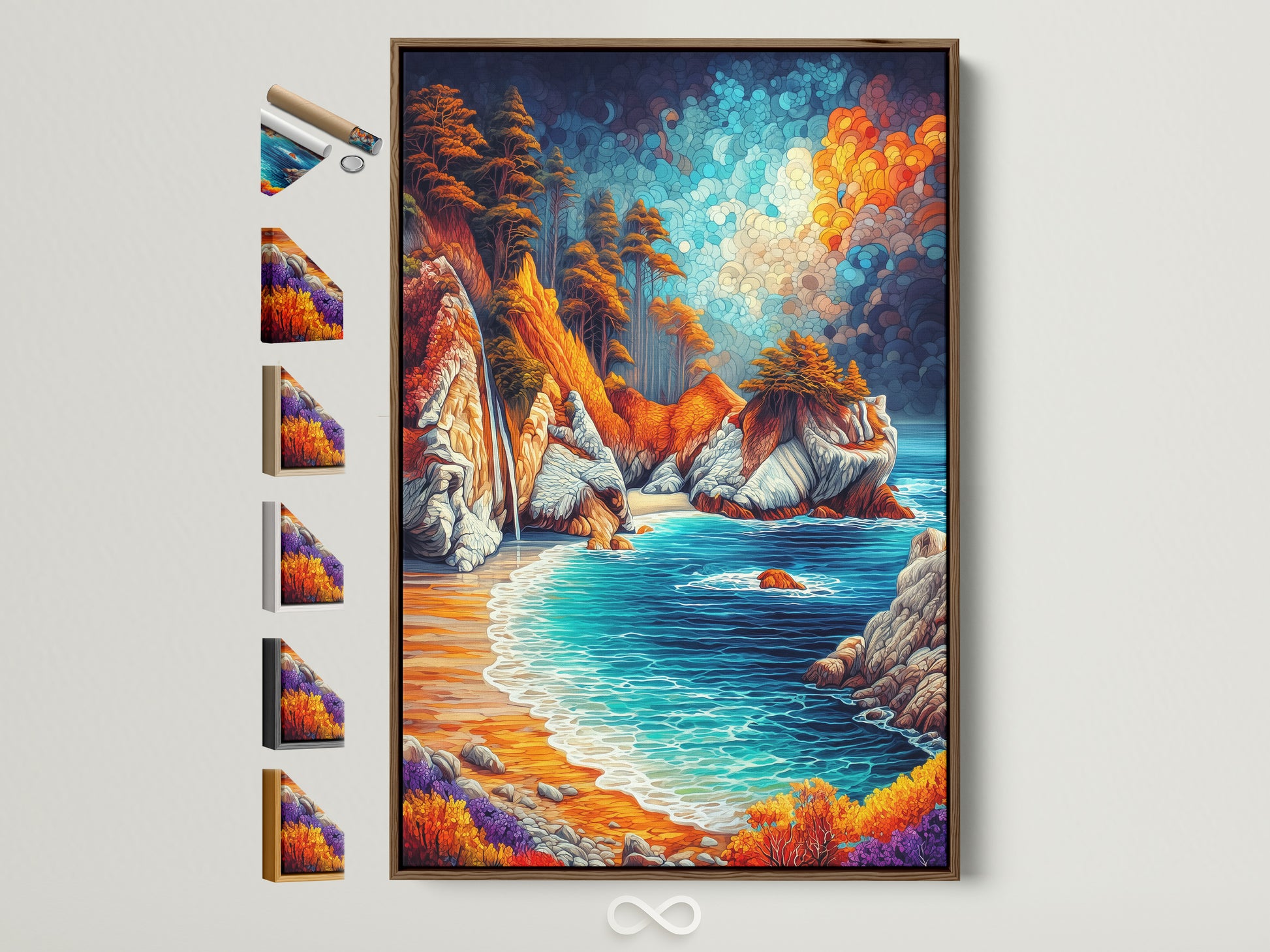 Coastal Landscape Artwork with a brown frame. The wall art features a vibrant ocean scene.  Colorful rocks trees and turquoise water create a beautiful seascape. Frame options are displayed to the side. Enhance your home with this stunning coastal artwork.