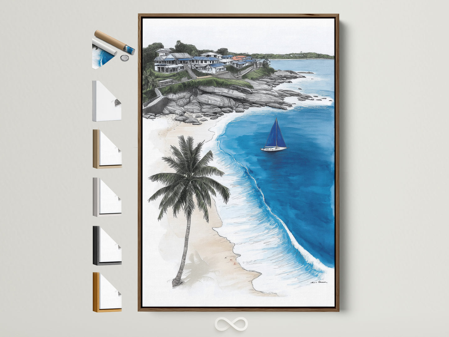 Coastal beach canvas artwork in a brown frame. This tropical ocean artwork captures a serene beach house scene. The blue ocean artwork features a sailboat print. Frame options are displayed on the side. Perfect nautical wall art for summer decor.
