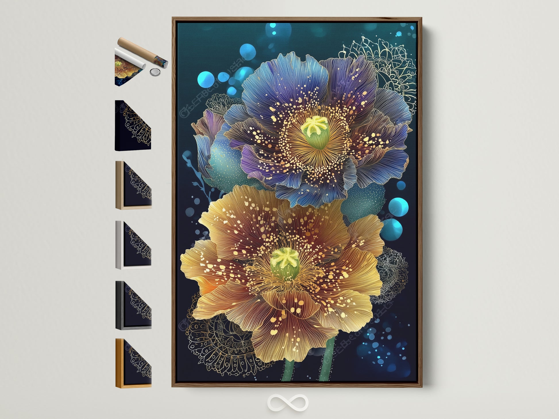 Floral canvas print featuring teal and gold botanical artwork. The print is showcased in a brown frame. All frame options are displayed on the side. Perfect modern flower artwork for a bedroom. Shop now!