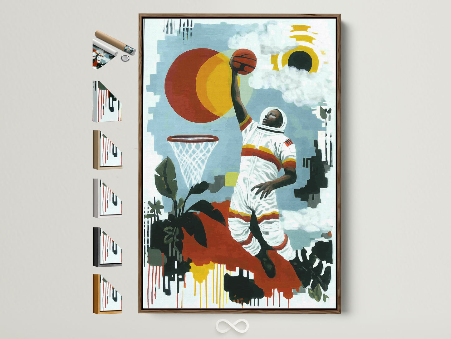 Retro space art featuring a basketball astronaut in a brown frame. Explore sports wall decor for game rooms. This unique artwork is a great gift for him. Check out all frame options available on the side