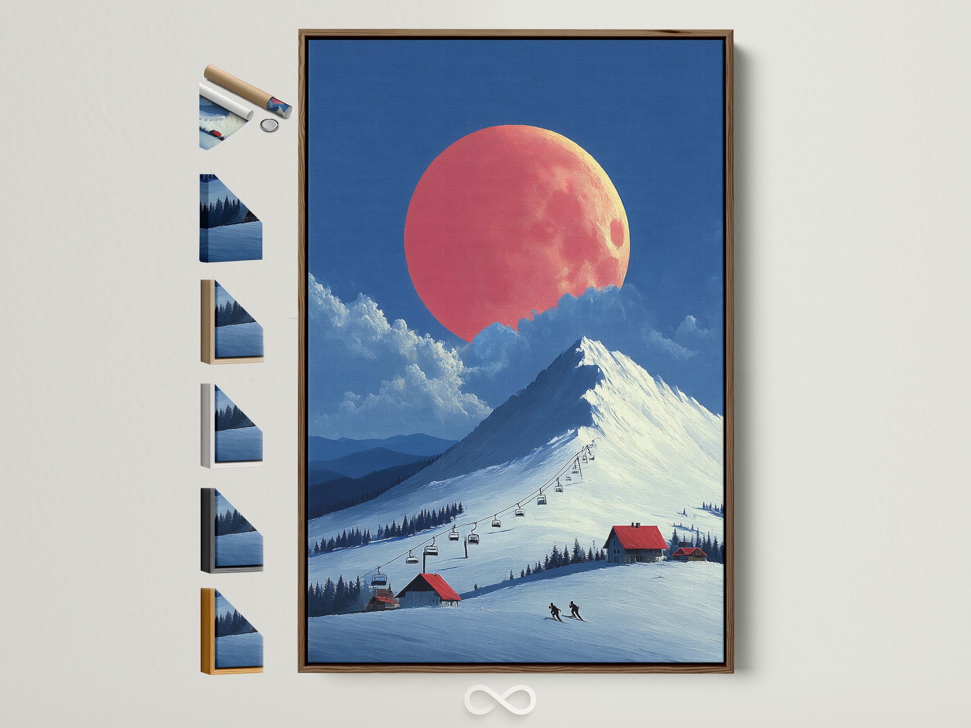 Explore framed ski resort artwork. The brown frame showcases the alpine winter wall art beautifully. All frame options are displayed. Consider this coral moon mountain landscape for bedroom decor. Enhance your space with this serene winter scene.