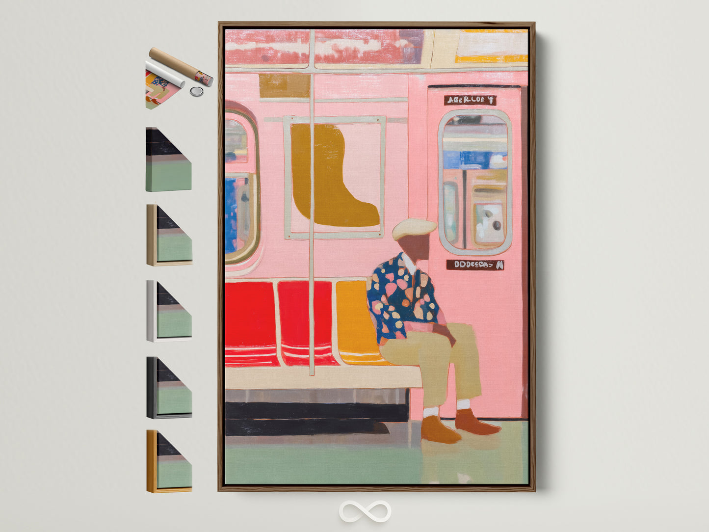 Pink Subway Art Print in a brown frame. This modern urban transit canvas wall art adds a contemporary city life poster to your apartment decor. The artwork complements minimalist urban or modern styles. It is great for living rooms apartments offices studios lobbies clinics cafรฉs and co-working spaces.