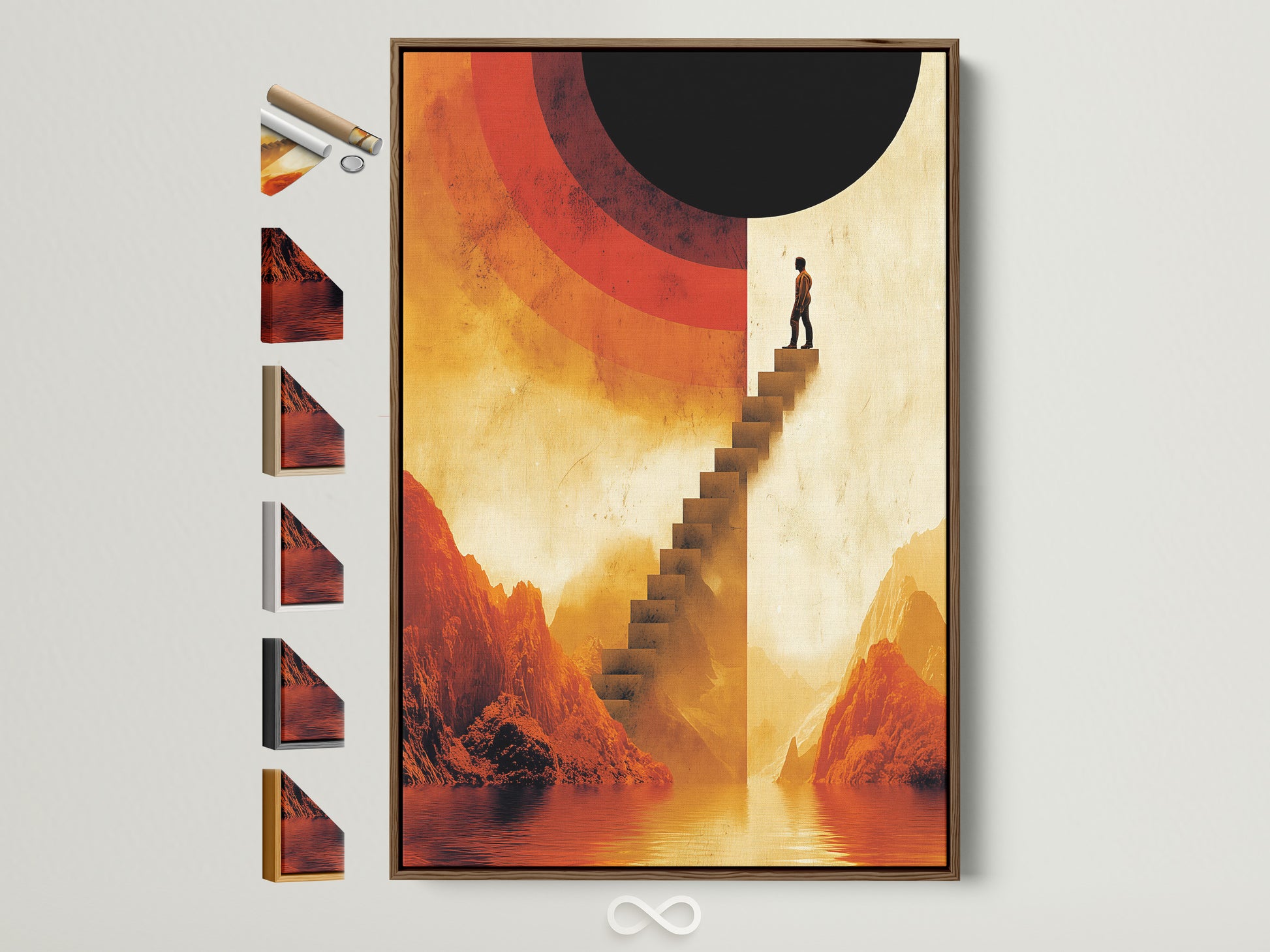 Surreal stairway canvas artwork with a brown frame. Multiple frame options are displayed. See available art options for your space. This abstract mountain landscape artwork features warm earth tones. Its perfect for office decor. Contemporary style adds sophistication.