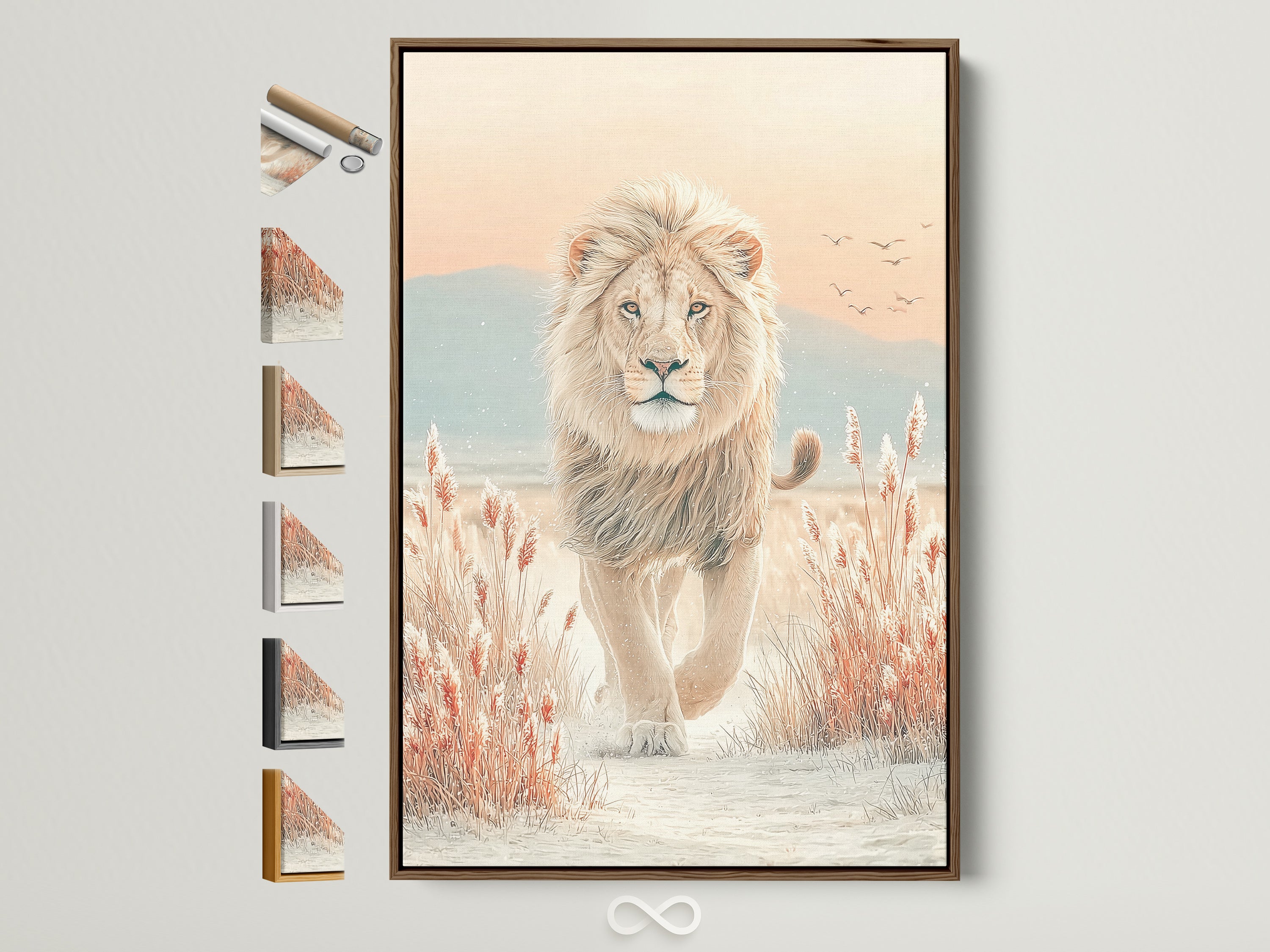 Beige lion artwork in a brown frame. This wildlife wall art adds a neutral touch to any bedroom. See all frame options available on the side. Perfect nature lover gift.