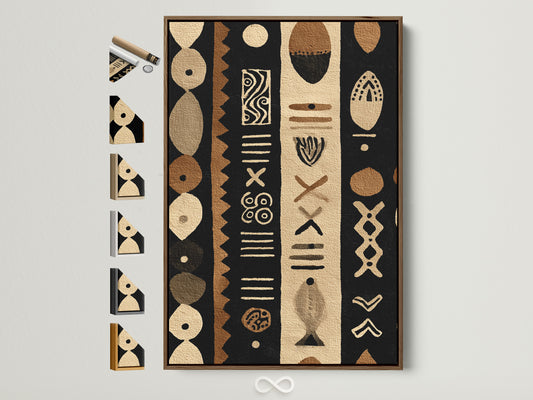 A framed artwork with a brown frame is displayed. Frame options are visible on the side. The artwork features tribal-inspired patterns in black brown and beige. It is hung on a white wall creating a minimalist aesthetic.