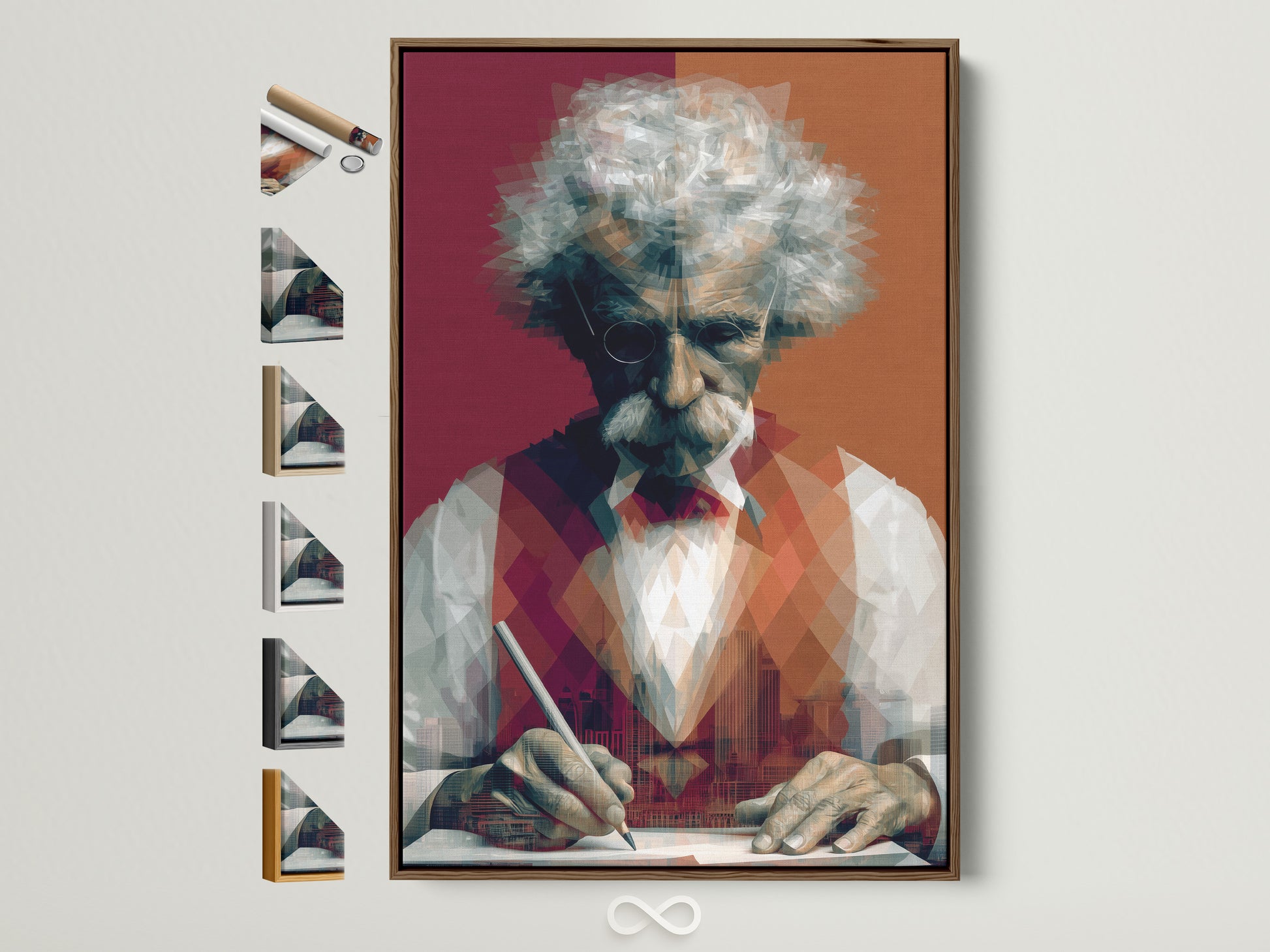 Mark Twain portrait in a brown frame hangs on a white wall. The artwork features a geometric design. It is a literary figure canvas print perfect for study room decor. Frame options are displayed on the side. This adds a touch of industrial style.