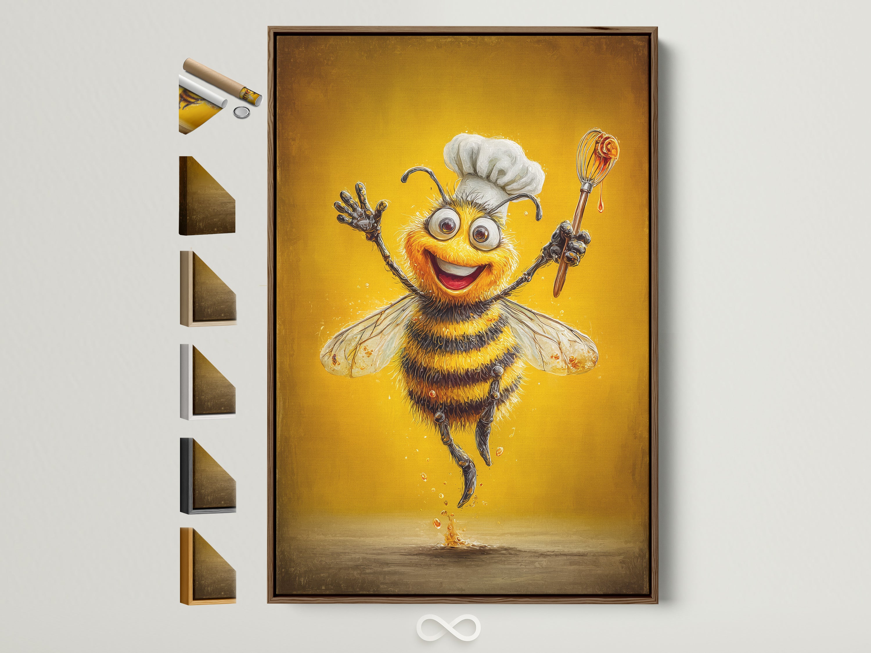 Chef Bee artwork in a brown floating frame. This whimsical kitchen canvas print adds charm to any dining room. See all frame options for this cooking bee artwork. Perfect funny food art for culinary enthusiasts.