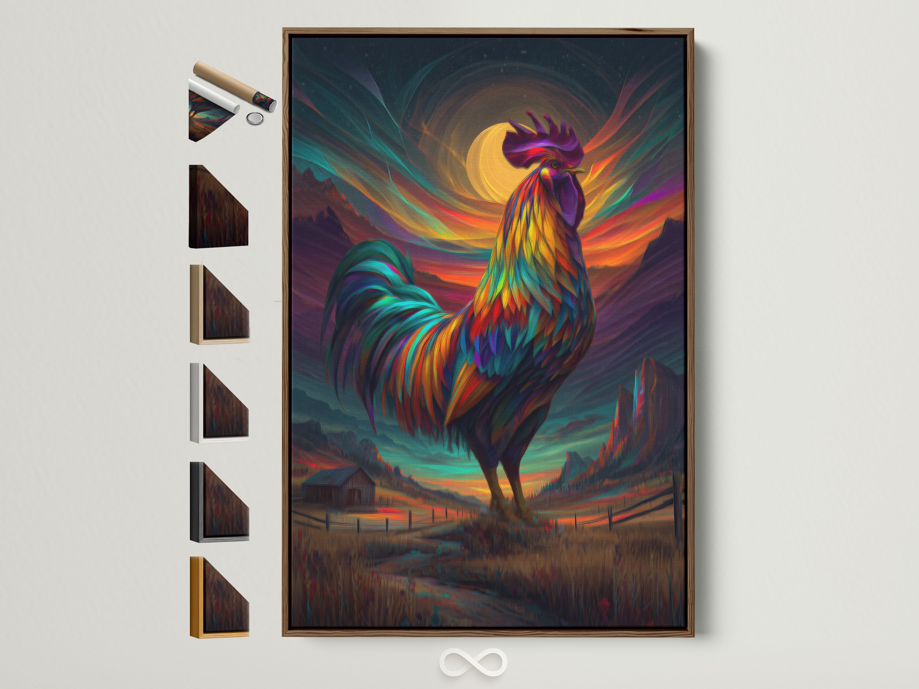 A vibrant rooster artwork is displayed in a brown frame. The frame options are showcased on the side. This colorful rooster canvas print adds a touch of country charm to any space. The teal and orange swirls enhance the farm animal artwork making it a focal point.