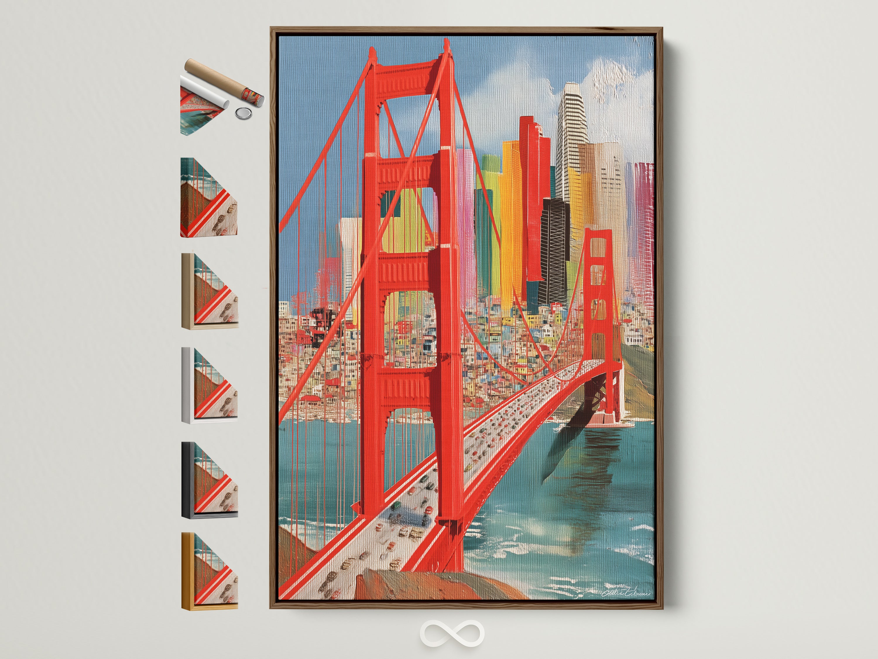 A vibrant Golden Gate Bridge artwork is displayed in a brown frame. This San Francisco wall art adds a colorful touch to any room. Frame options are visible on the side offering a variety of choices for your cityscape poster.
