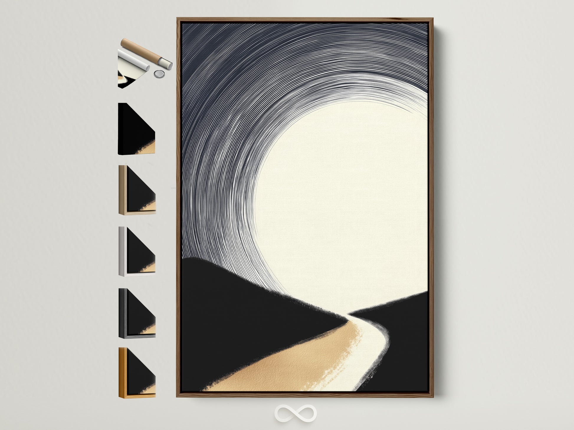 Brown frame displays a minimalist artwork. The artwork features abstract landscape elements. The colors are beige black and white. Frame options are displayed on the side. This artwork is perfect for adding a touch of modern elegance to any room.