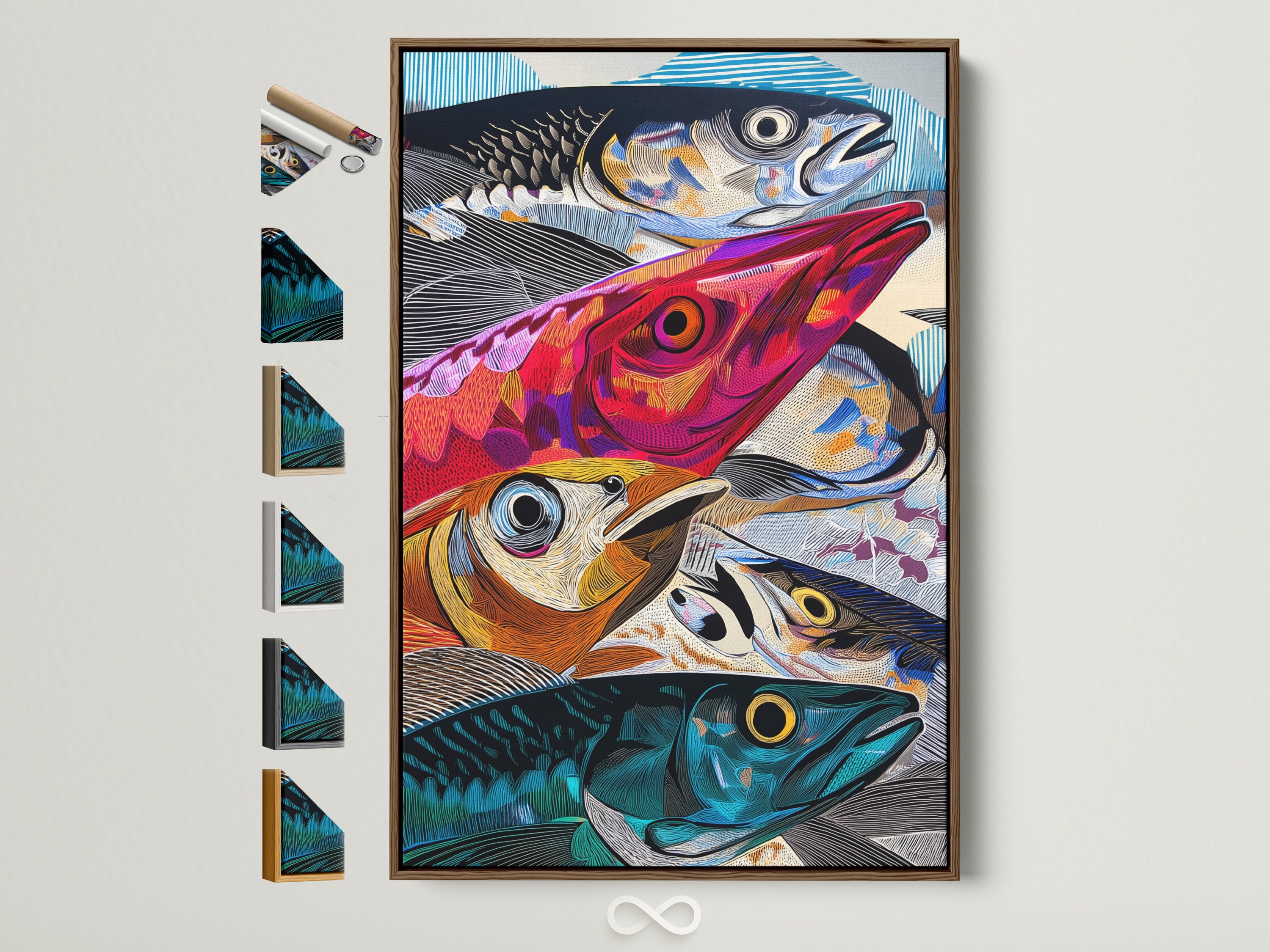 A vibrant colorful fish art print is displayed in a brown frame. The artwork features a stack of fish in shades of blue red and orange. This Modern Marine Life Canvas Wall Art adds a touch of abstract ocean wildlife to any kitchen decor. Perfect for coastal and tropical themed spaces. Check out the frame options on the side.