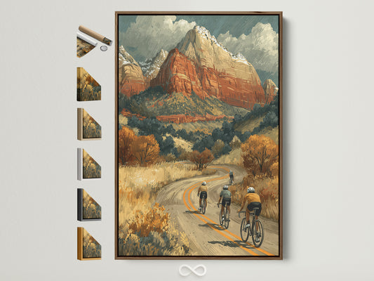 Cycling Mountain Canvas Print in a brown frame. See all frame options. The vintage adventure wall art is perfect for home or office decor. The artwork features cyclists on a desert landscape road. The style is mid-century.
