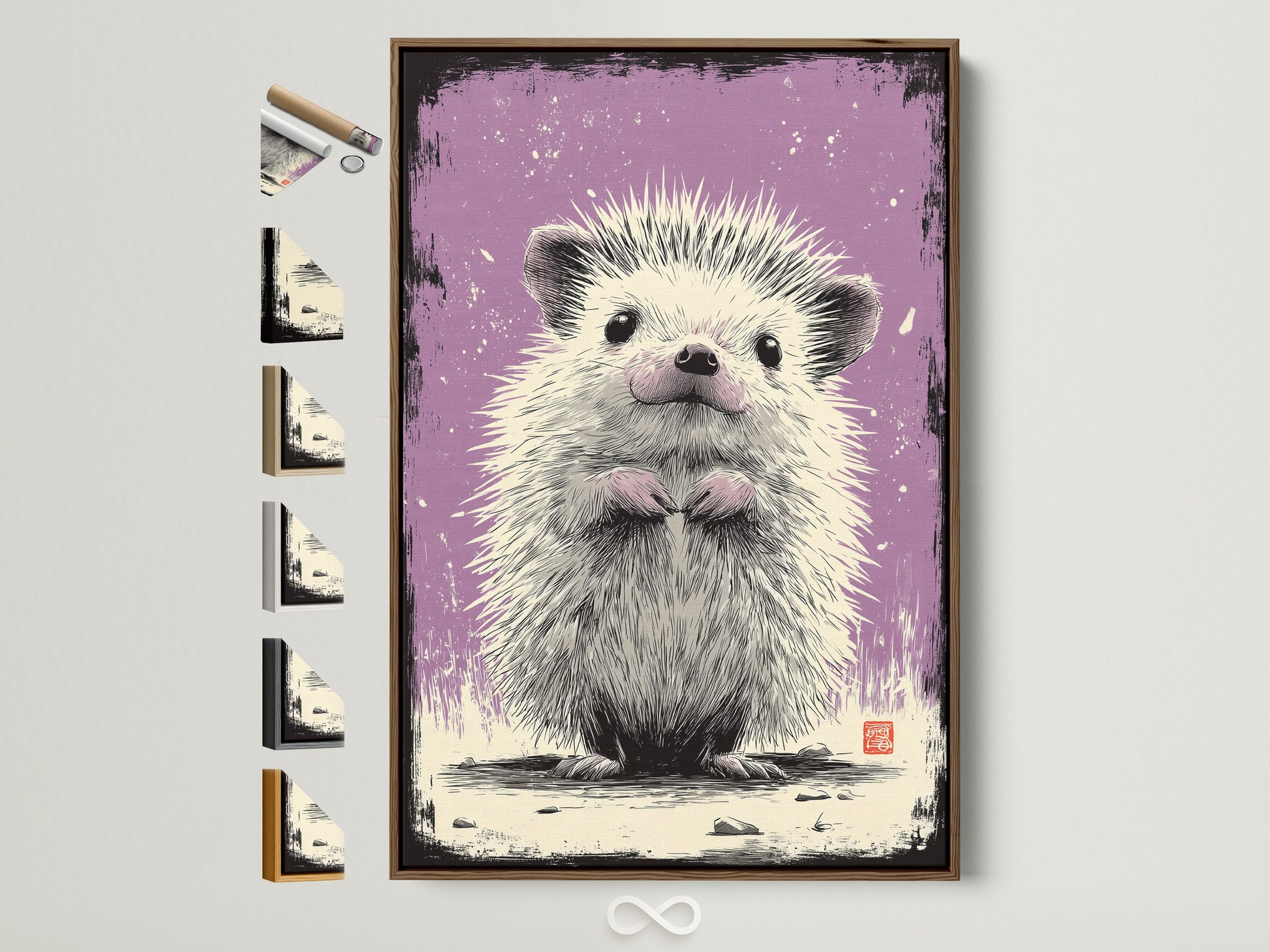 Framed artwork featuring a cute hedgehog is displayed. The brown frame surrounds the art print. Other frame options are visible showcasing available choices. It's a charming piece perfect for adding character to any room. Consider this framed artwork for a delightful touch.