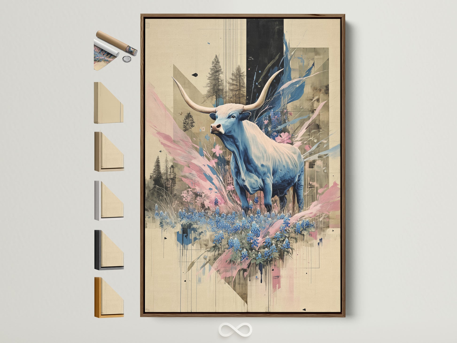Framed bull art print with a brown frame. This contemporary animal canvas art features a blue abstract wildlife scene. It is perfect wall decor for a modern bedroom. The art print is beautifully displayed with various frame options on the side. This artwork enhances any country and farmhouse style decor.