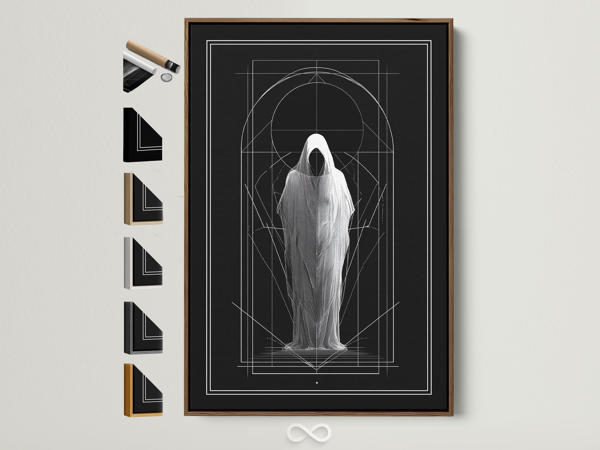 Artwork in a brown frame. The art features a figure in a shroud. Geometric lines accent the piece. See frame options to customize your art. Consider oak white black or gold frames. Find the perfect frame for your home decor.