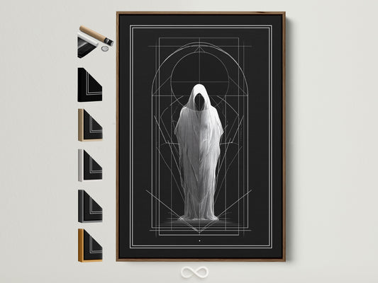 Artwork in a brown frame. The art features a figure in a shroud. Geometric lines accent the piece. See frame options to customize your art. Consider oak white black or gold frames. Find the perfect frame for your home decor.