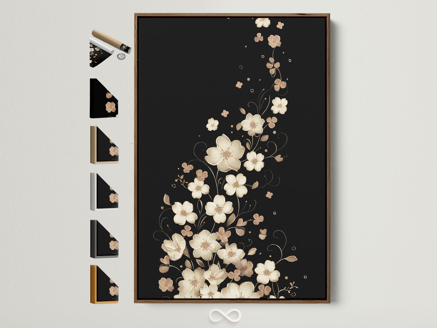 Floral canvas print with a brown frame. Various frame options are displayed on the side. It shows available choices for this beige flower wall art. Perfect botanical artwork for your bedroom with neutral tone home decor.