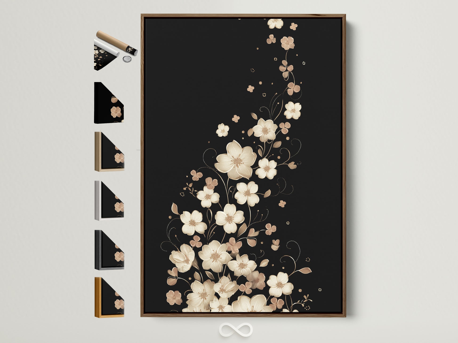 Floral canvas print with a brown frame. Various frame options are displayed on the side. It shows available choices for this beige flower wall art. Perfect botanical artwork for your bedroom with neutral tone home decor.