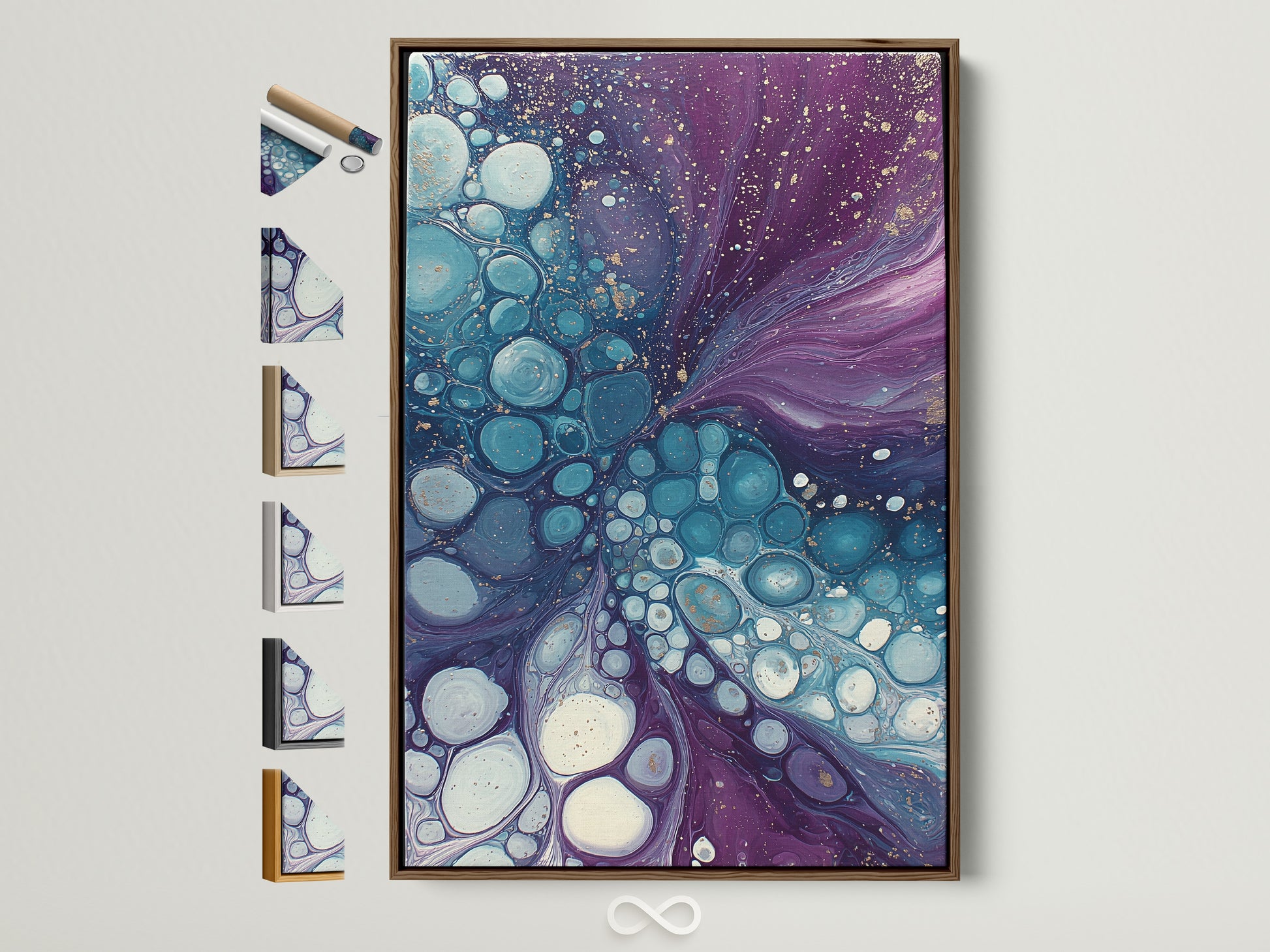 Elevate your space with abstract fluid art. The purple teal canvas wall art features a modern bubble artwork. It is displayed in a brown frame. Explore frame options to match your style. Perfect for adding a contemporary touch to your bedroom wall decor.