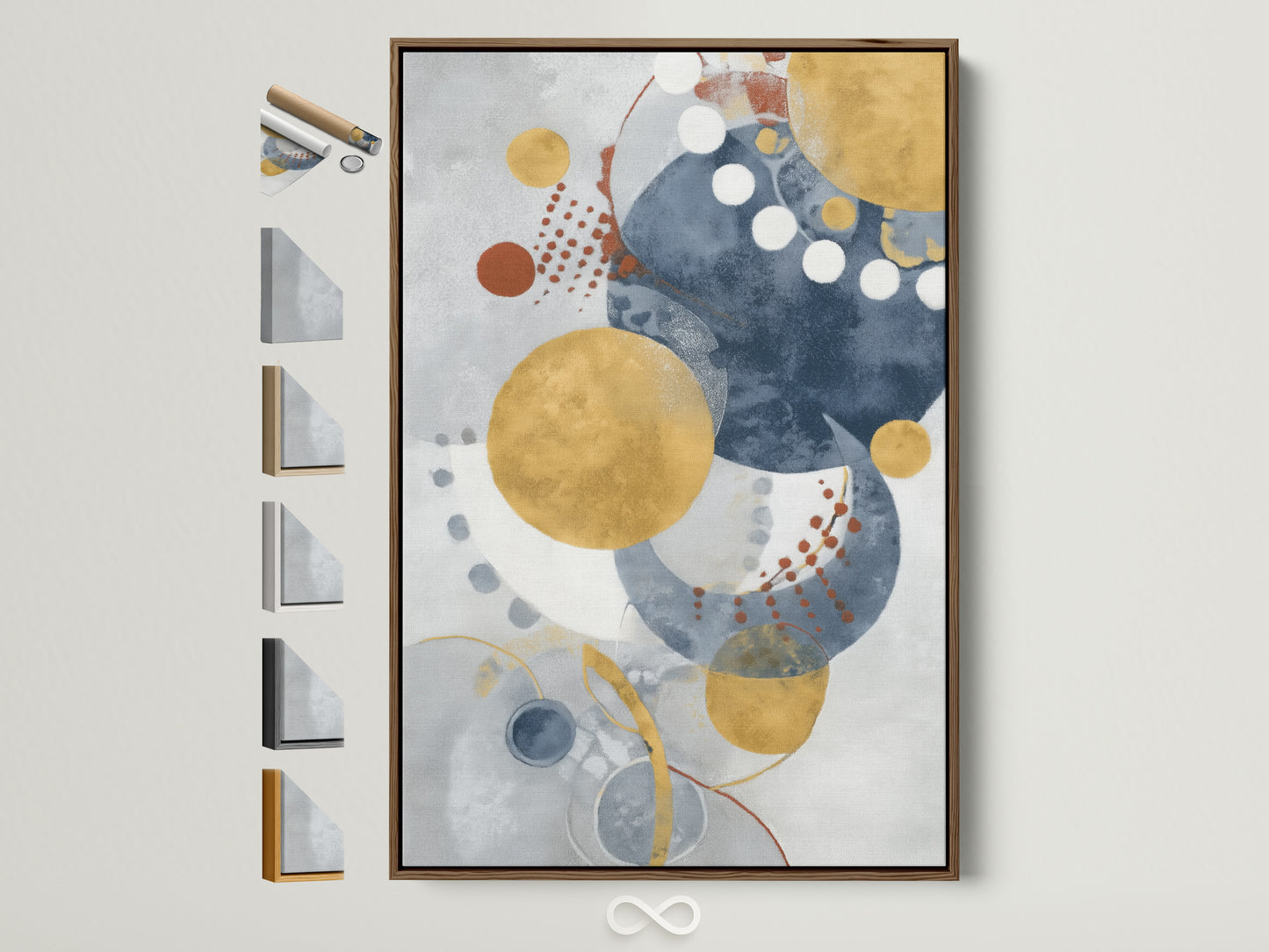 Modern geometric wall art in a brown frame is displayed with frame options. This abstract artwork features blue and gold circles. Perfect contemporary watercolor print for office wall decor.