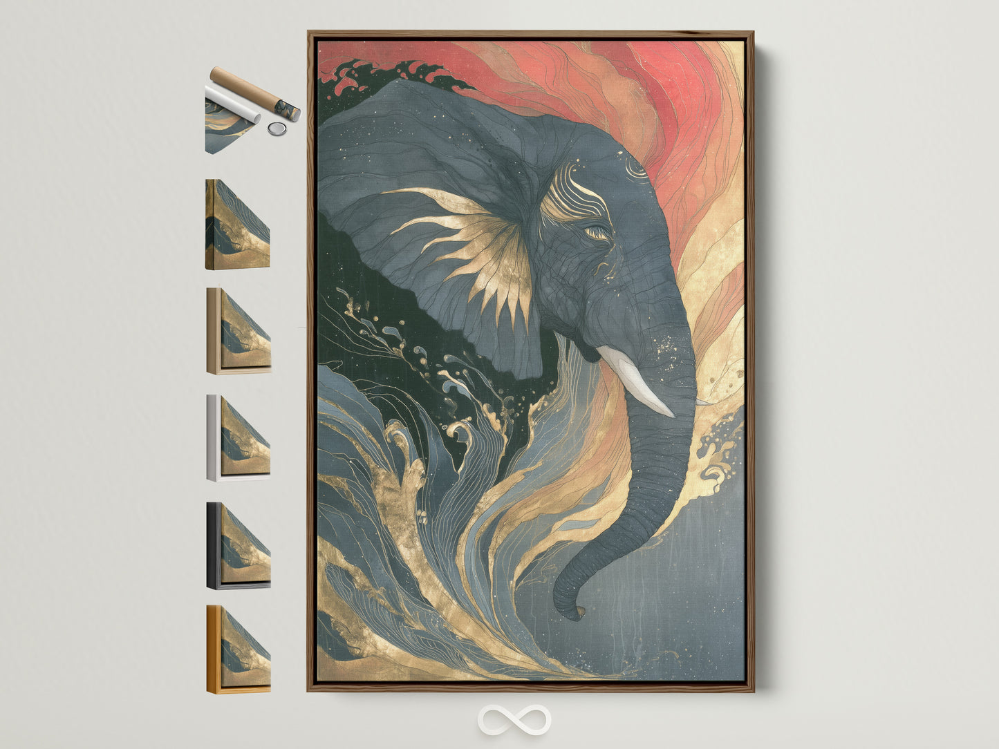 Elephant artwork with Japanese wave art in a brown frame. This animal wildlife poster features coral pink and teal accents. See all frame options available. Perfect bedroom decor. Asian inspired art.