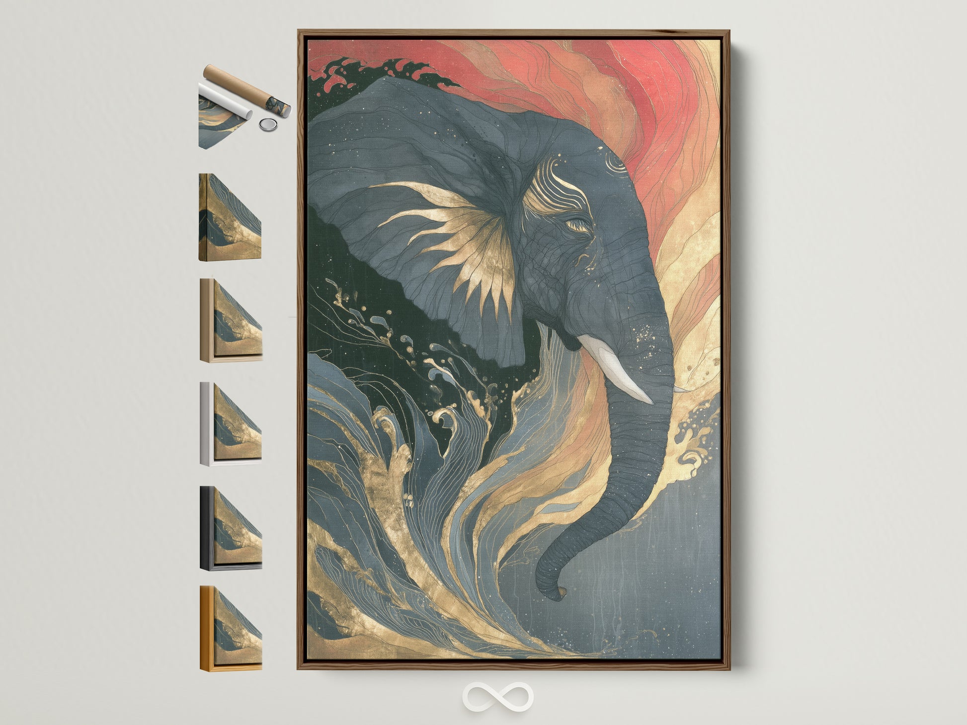 Elephant artwork with Japanese wave art in a brown frame. This animal wildlife poster features coral pink and teal accents. See all frame options available. Perfect bedroom decor. Asian inspired art.