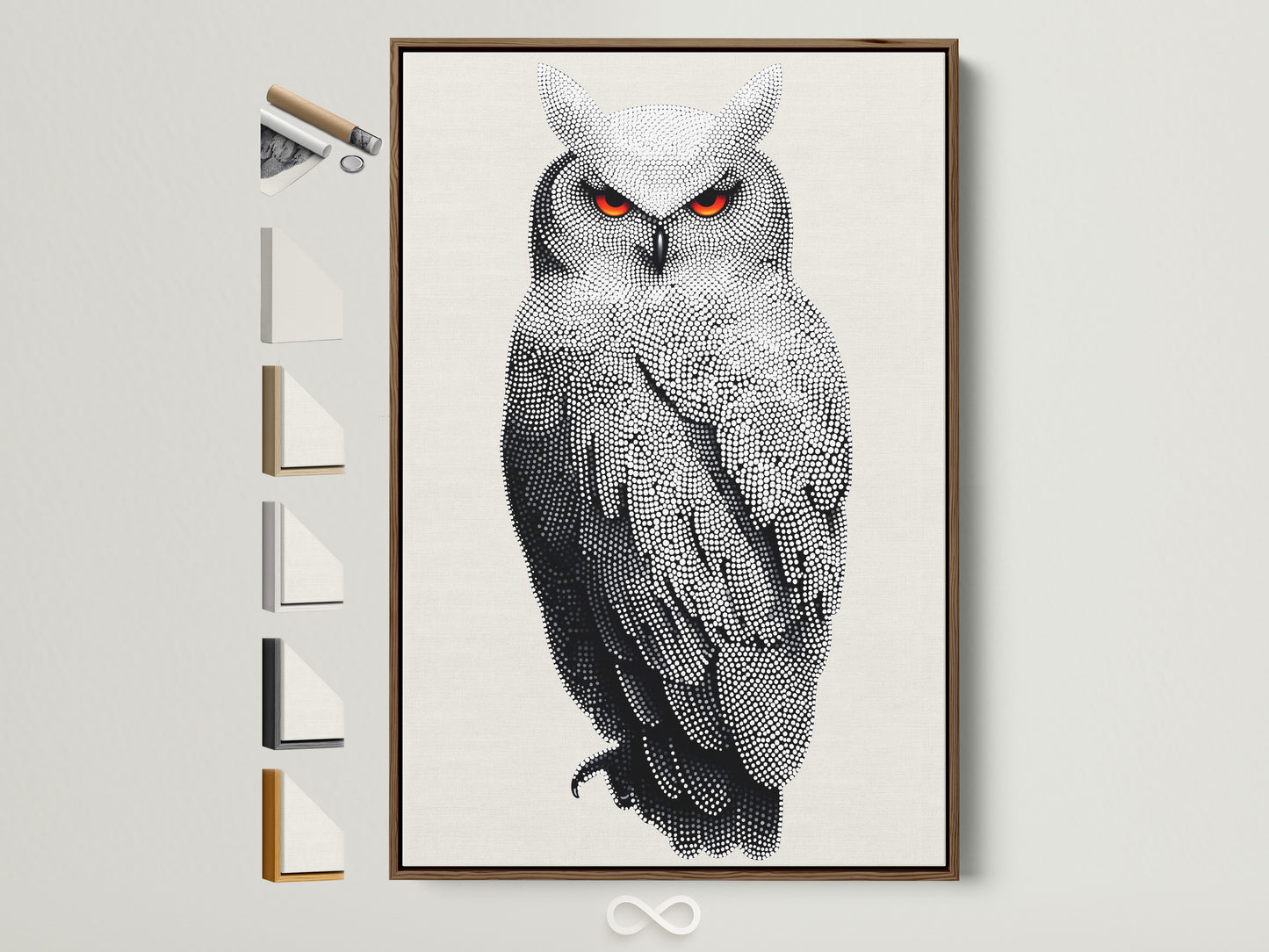 Explore framed owl artwork options. This dotted wildlife canvas art features a brown frame. Discover modern animal wall decor with red eyes. Perfect for your home or office. See all frame styles available.