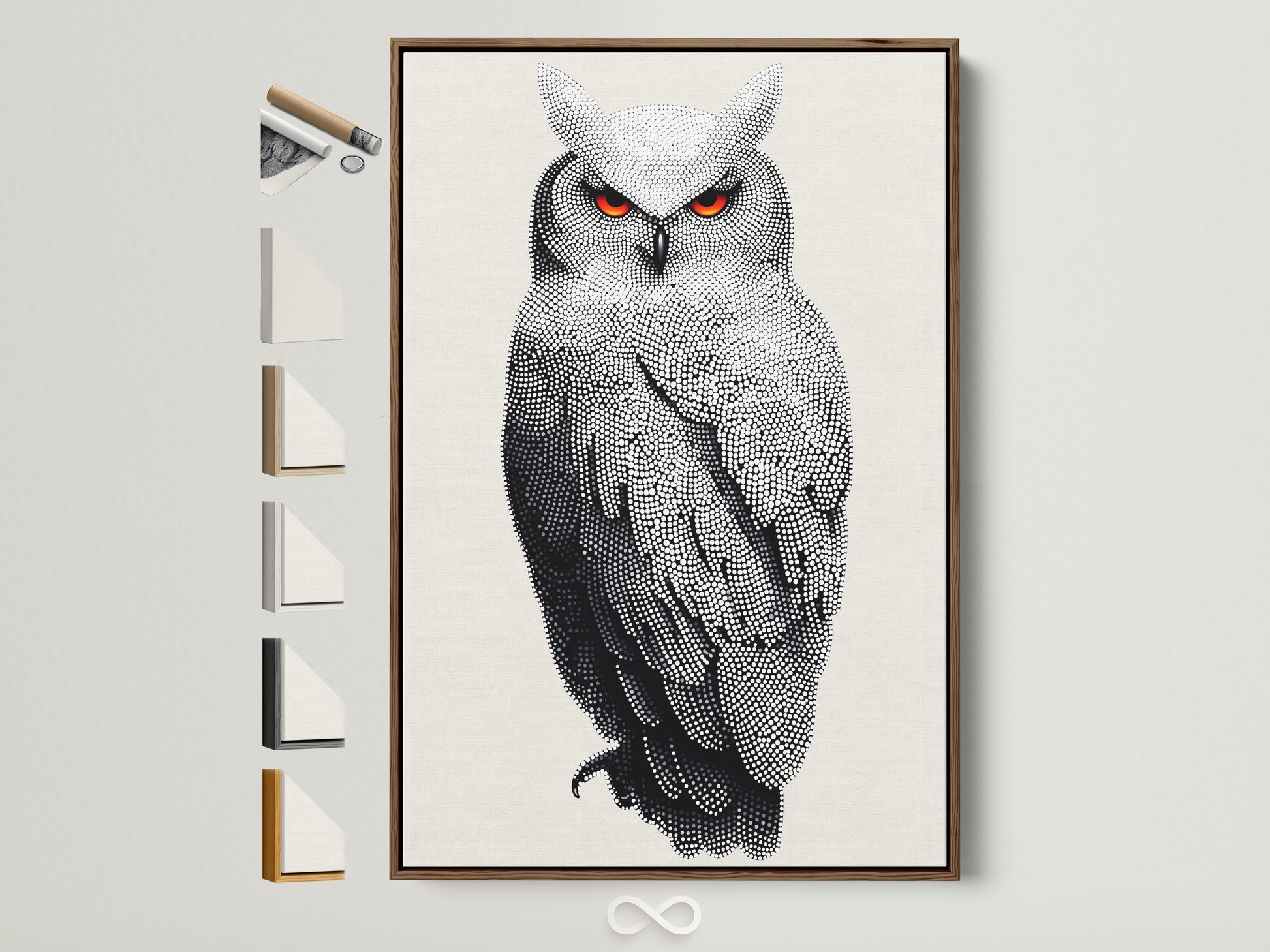 Explore framed owl artwork options. This dotted wildlife canvas art features a brown frame. Discover modern animal wall decor with red eyes. Perfect for your home or office. See all frame styles available.
