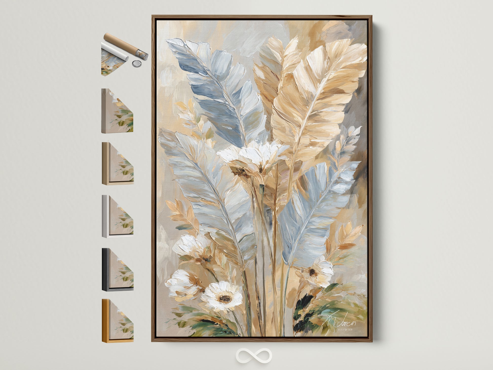 Feather Art Print in a brown frame. Soft neutral canvas wall art adds beauty to any room. Botanical feathers painting offers bedroom wall decor. This beige artwork complements boho and eclectic styles. The wall art is displayed with other frame options.