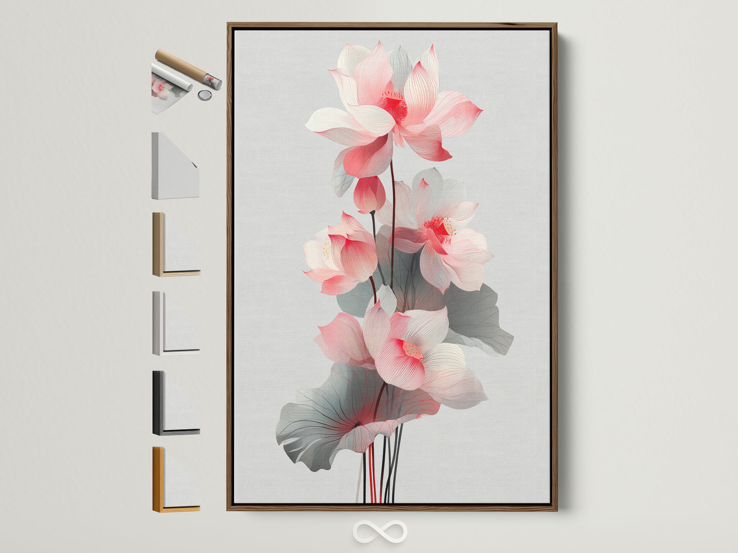 A lotus flower artwork displayed in a brown frame. This floral canvas print adds a touch of botanical beauty to any room. See all frame options. Perfect for modern and feminine decor.