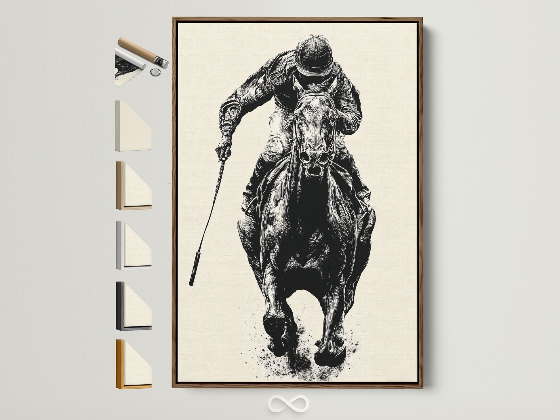 Artwork of a horse race in a brown frame. The frame is displayed with all available frame options on the side. Find the perfect frame to complement your artwork. Decorate your home with beautiful art.