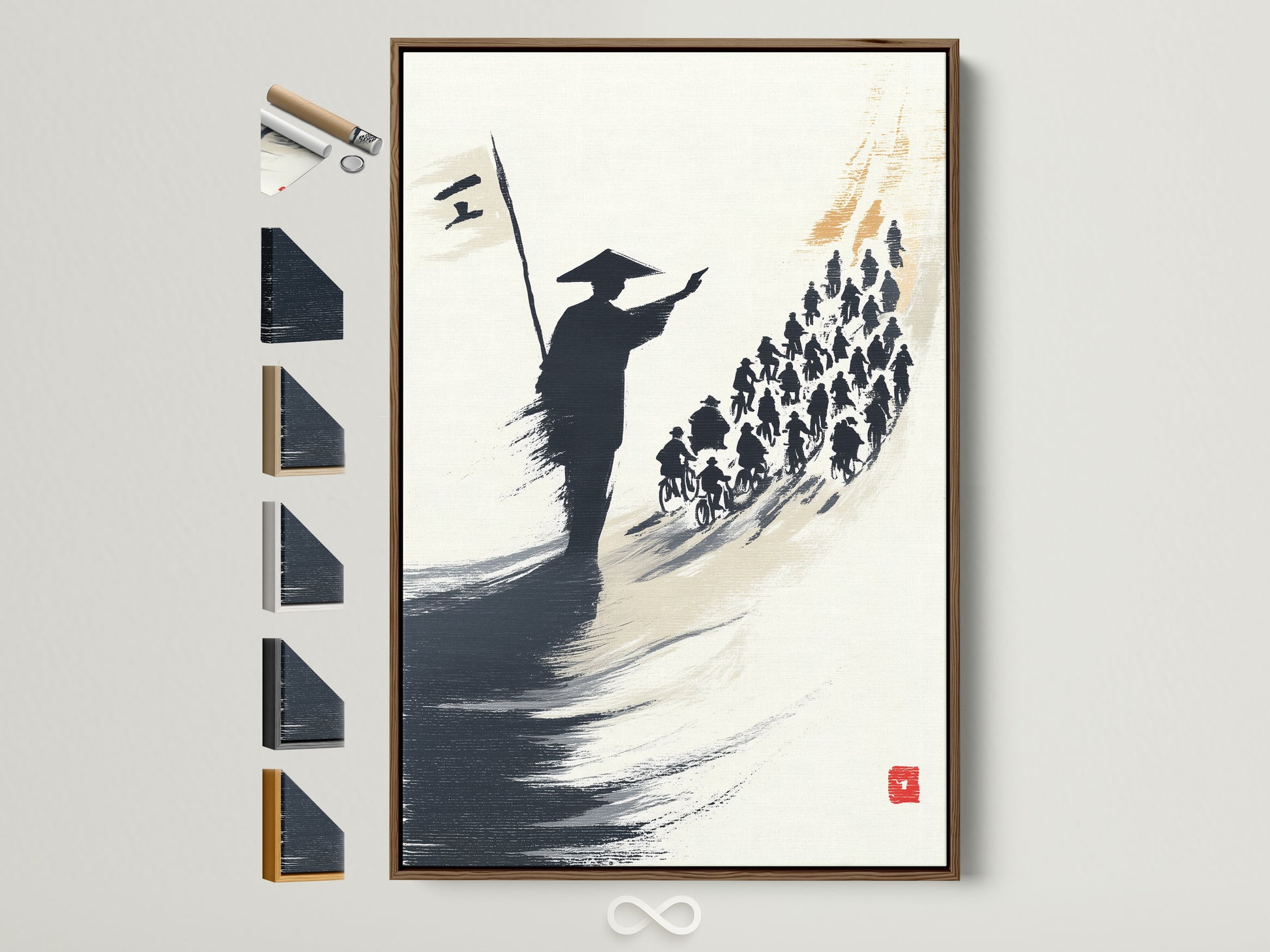 A brown frame displays samurai artwork. It shows a Japanese warrior leading cyclists. The artwork uses an ink wash painting style. Frame options are visible offering choices for your home decor. It is perfect for adding asian art to your living space.