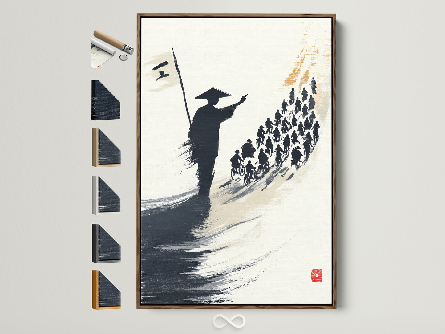 A brown frame displays samurai artwork. It shows a Japanese warrior leading cyclists. The artwork uses an ink wash painting style. Frame options are visible offering choices for your home decor. It is perfect for adding asian art to your living space.