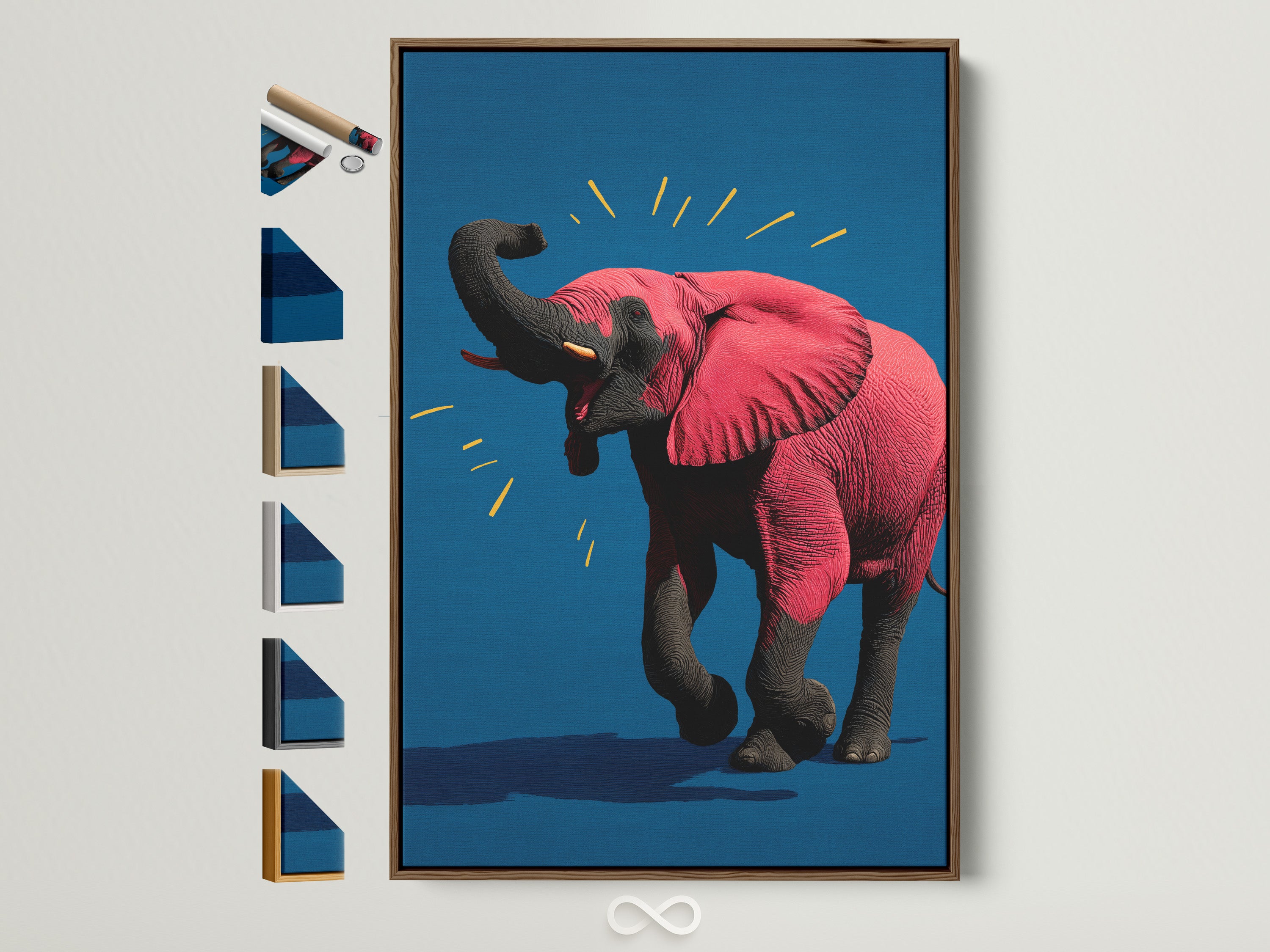 A vibrant pink elephant artwork framed in brown is displayed with various frame options. This contemporary animal canvas print adds a pop of color to any room. Ideal for nursery or office decor this elephant artwork brings a modern touch. Explore different frame styles to match your unique taste.