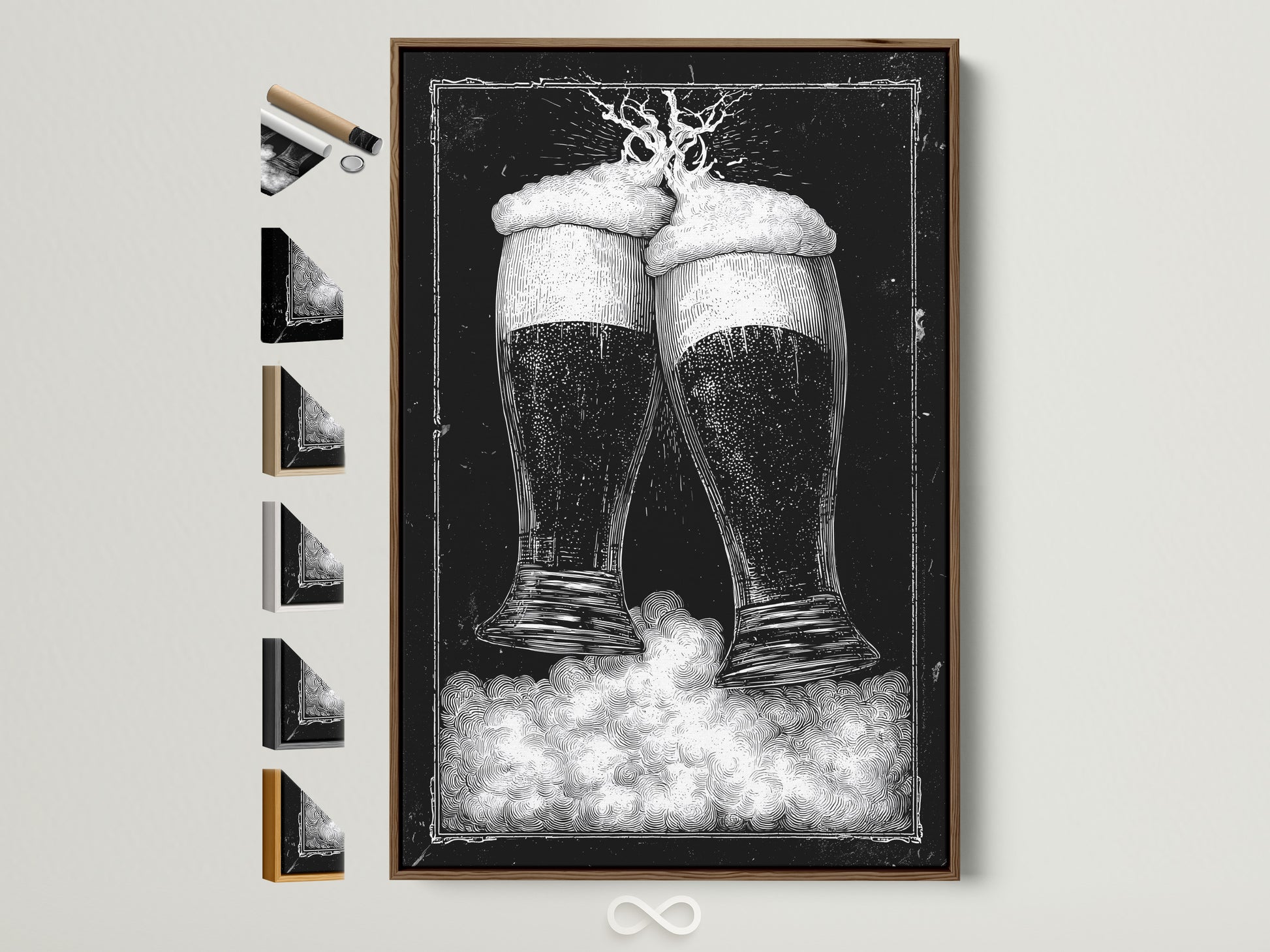 Brown frame artwork. The art features two beer glasses in black and white tones. It is displayed on a wall. The frame is a light brown wood. Discover framed artwork options to enhance your space. Explore our selection today for the perfect piece.
