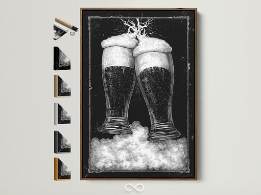Brown frame artwork. The art features two beer glasses in black and white tones. It is displayed on a wall. The frame is a light brown wood. Discover framed artwork options to enhance your space. Explore our selection today for the perfect piece.