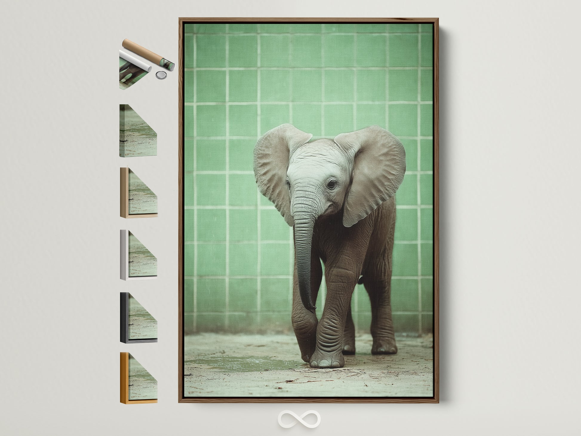 Baby Elephant artwork in a brown frame. See all frame options available. This neutral tone art is perfect for a nursery or kids room. Explore our safari animal art prints today. Find the perfect animal artwork for your space.