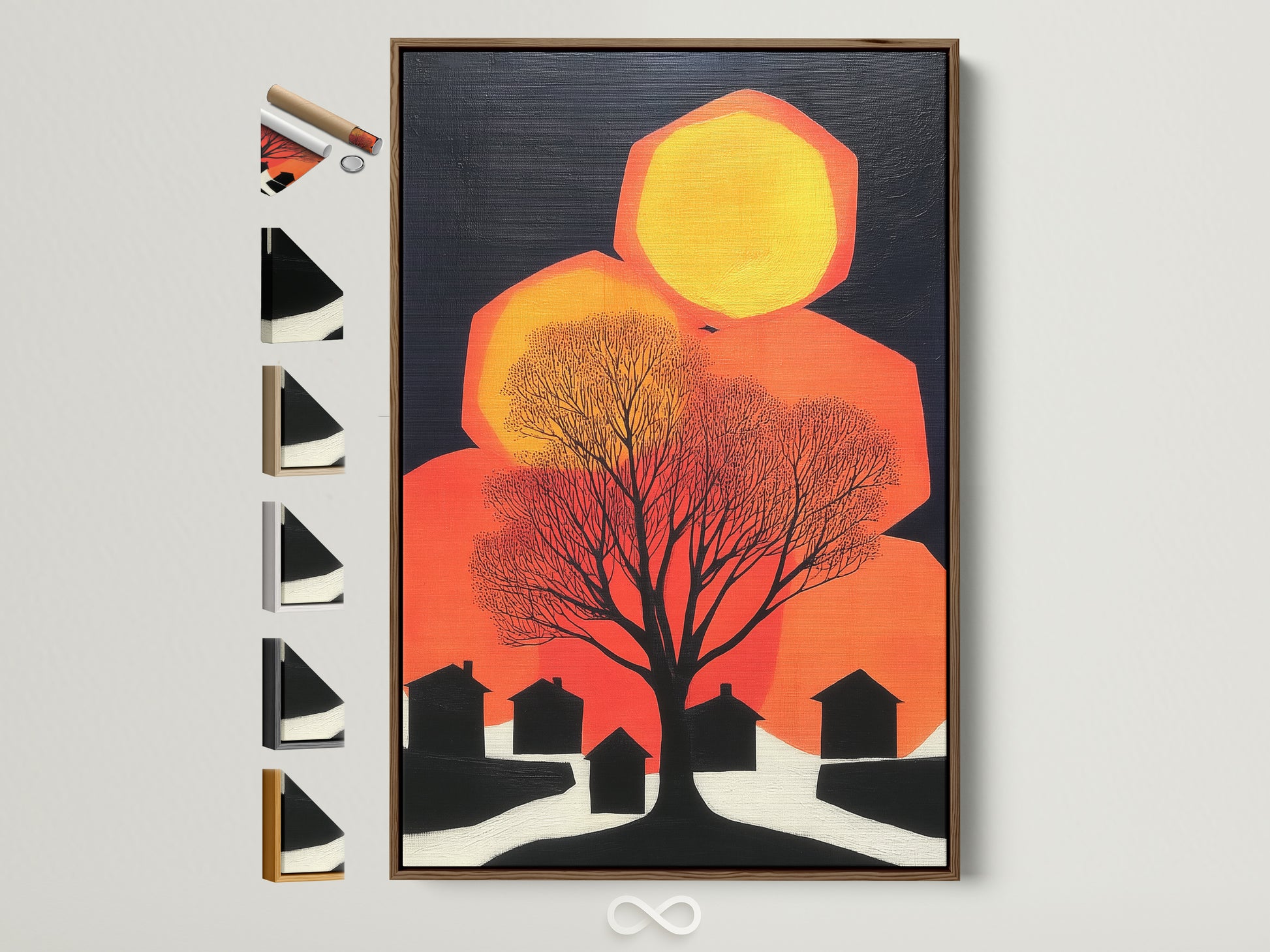 Abstract tree art in a brown frame. This mid-century modern wall art features an orange and black color palette. See all frame options available for this geometric art print. Perfect office wall decor.