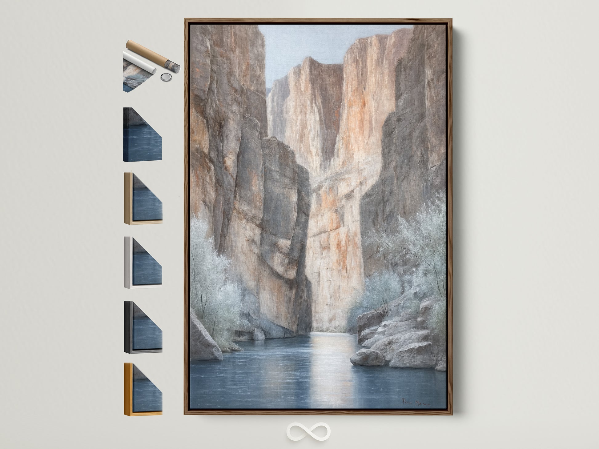 Canyon River canvas print with a brown frame. This desert landscape wall art features neutral tones. It's a nature painting perfect for office wall decor. See frame options here. Add a touch of Southwestern charm to your space with earth tone art. This scenic canvas captures the beauty of the canyon and river.