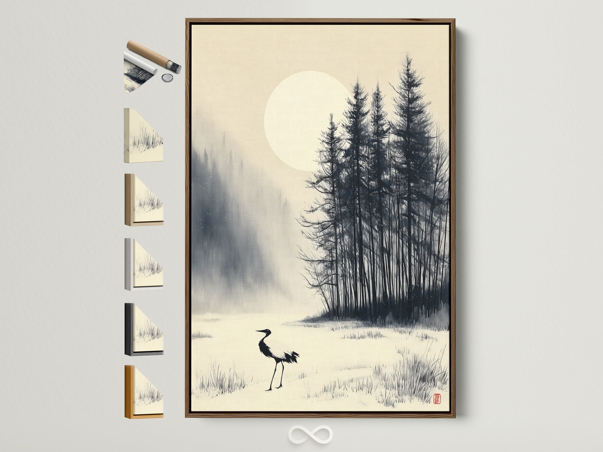 Explore framed Asian wall art featuring a crane Japanese ink wash. The winter forest artwork is displayed in a brown frame. See all available frame options to enhance your entryway decor. This serene wall art complements minimalist and zen styles. Perfect for homeowners renters and interior designers.