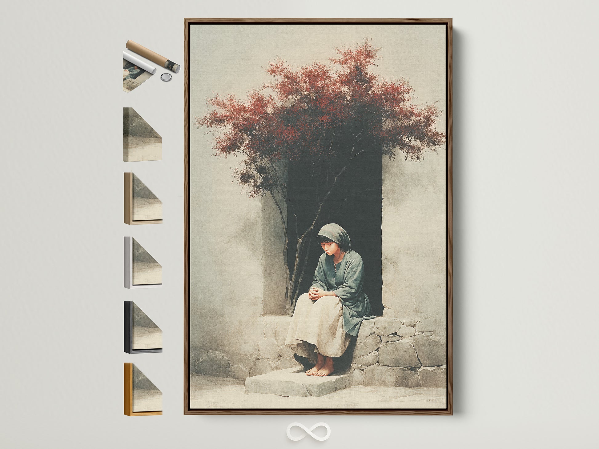A serene artwork displayed in a brown frame. The frame showcases all available frame options on the side. Perfect for adding a touch of elegance to any room. Explore framing choices to complement your artwork. Enhance your space with our beautiful framed art.