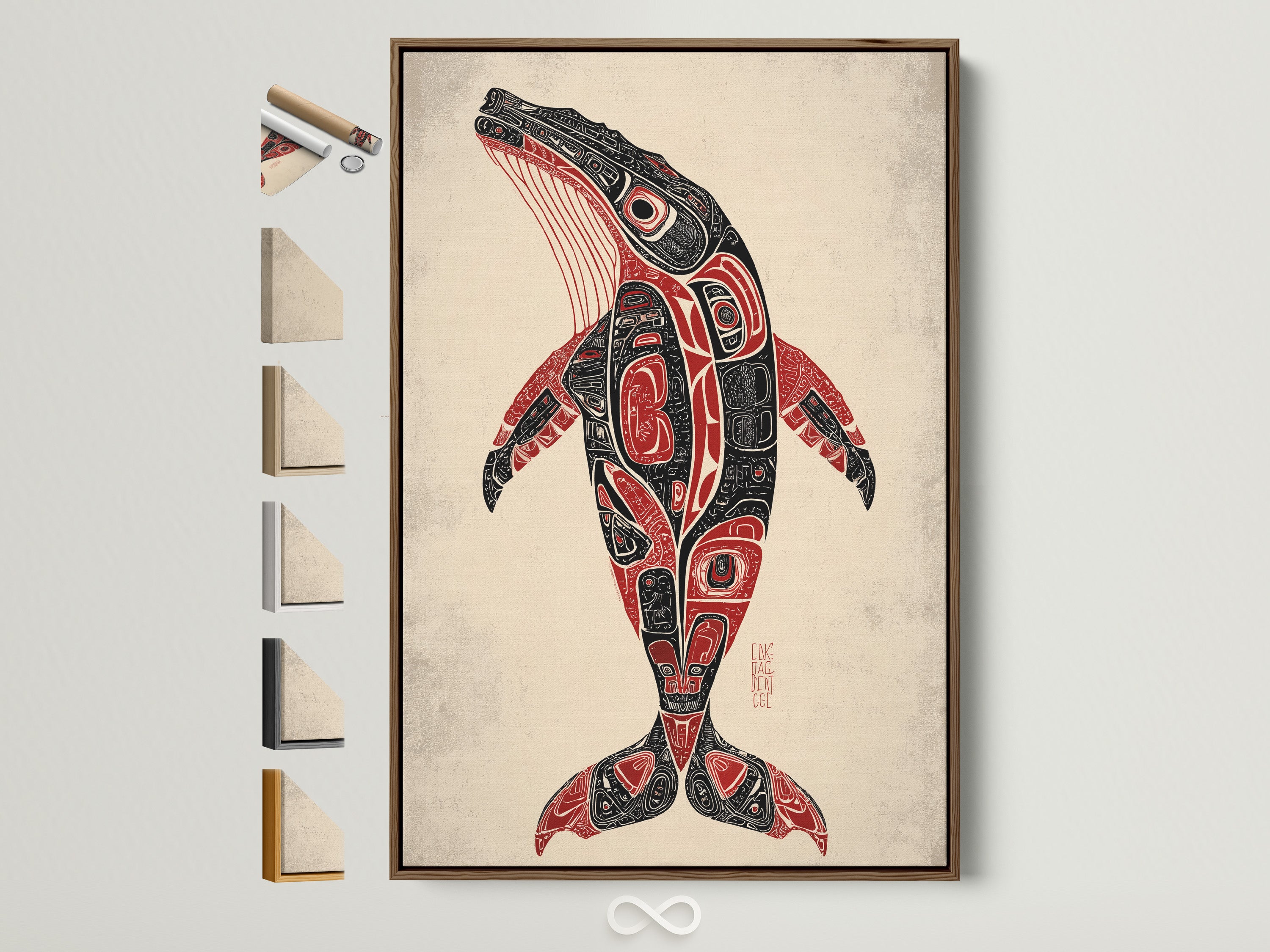 Whale Art Print in a brown frame. This Pacific Northwest Native artwork adds cultural charm. The frame options are displayed. A great choice for tribal wall art enthusiasts.