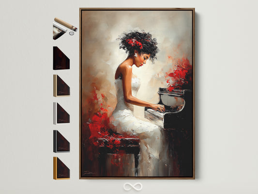 Artwork featuring a woman playing the piano in a brown frame. The artwork has a classic and elegant look. All frame options are displayed on the side. Perfect for music lovers and art collectors. The brown frame enhances the artwork's warmth. It is a great addition to any room.