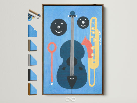Abstract jazz wall art featuring a cello trumpet and other instruments. The artwork is framed in a brown frame. All frame options are displayed on the side. This music themed art is perfect for a music room or studio.