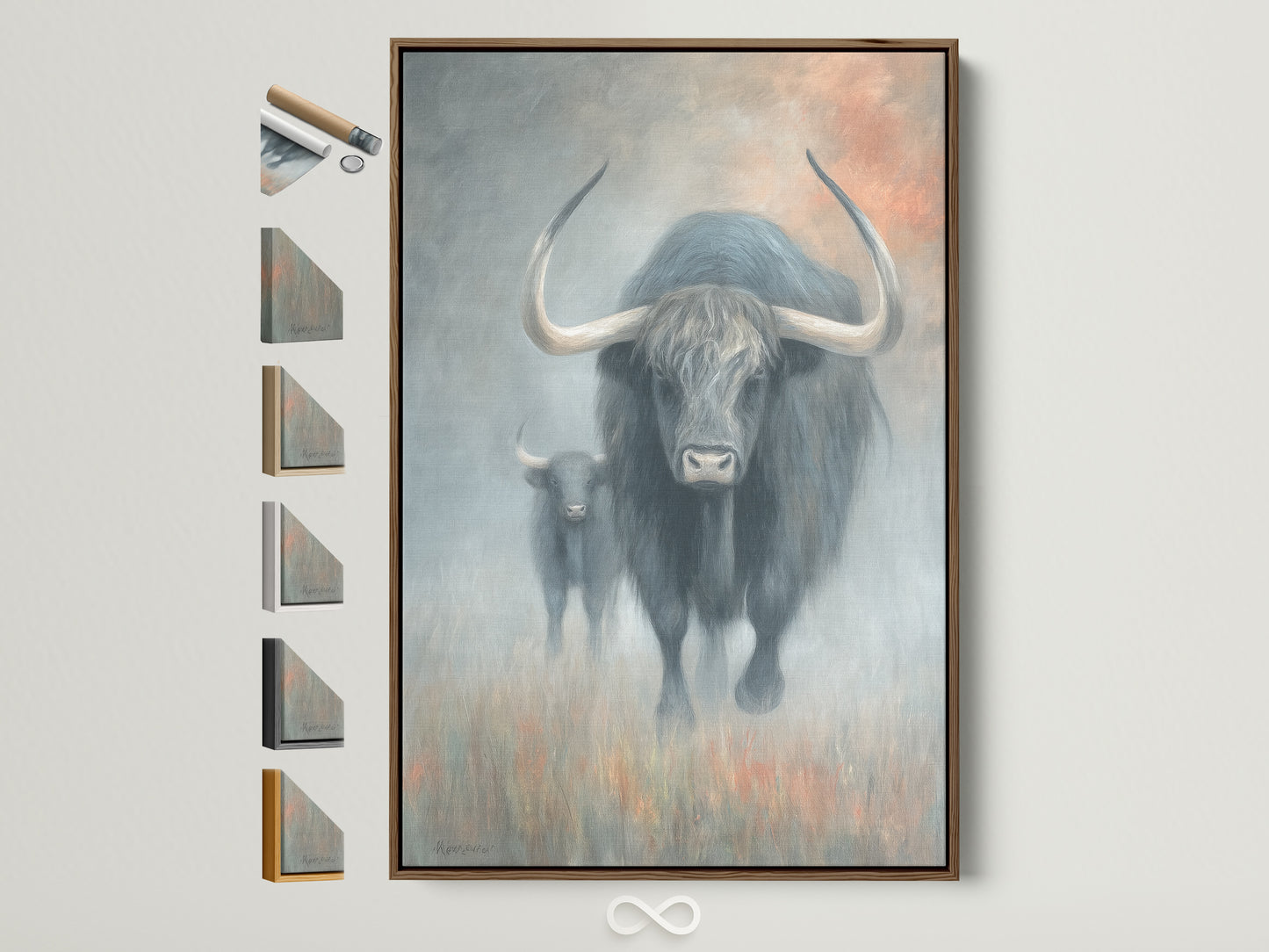 Yak Canvas Print with a brown frame. The artwork features a highland cattle wall art. Perfect for rustic farmhouse artwork. This piece enhances cabin wall decor. Frame options displayed.