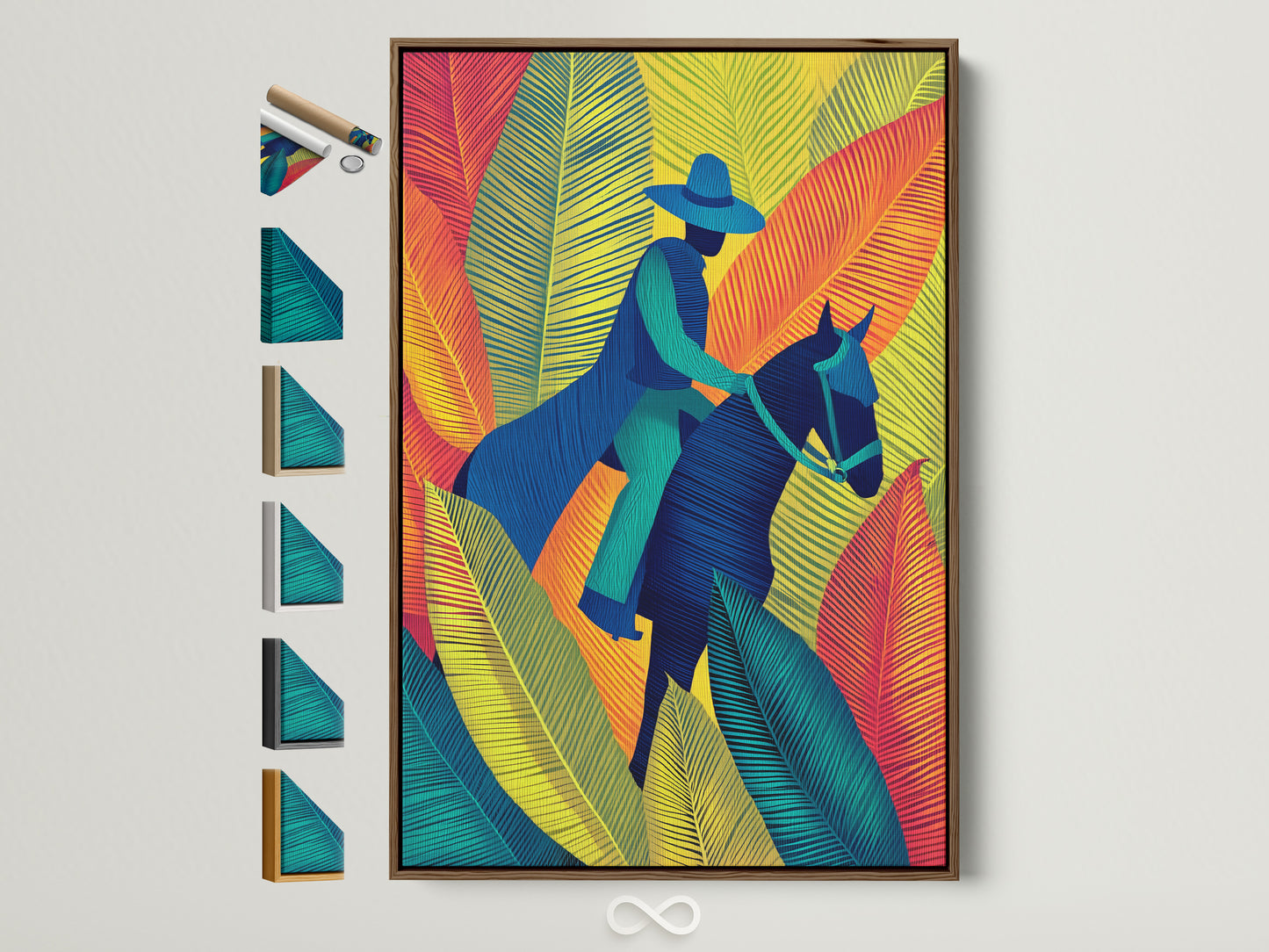 Equestrian Canvas Print with a brown frame. This horse rider wall art features tropical leaves. This colorful artwork is perfect for adding a modern touch. See all our frame options.